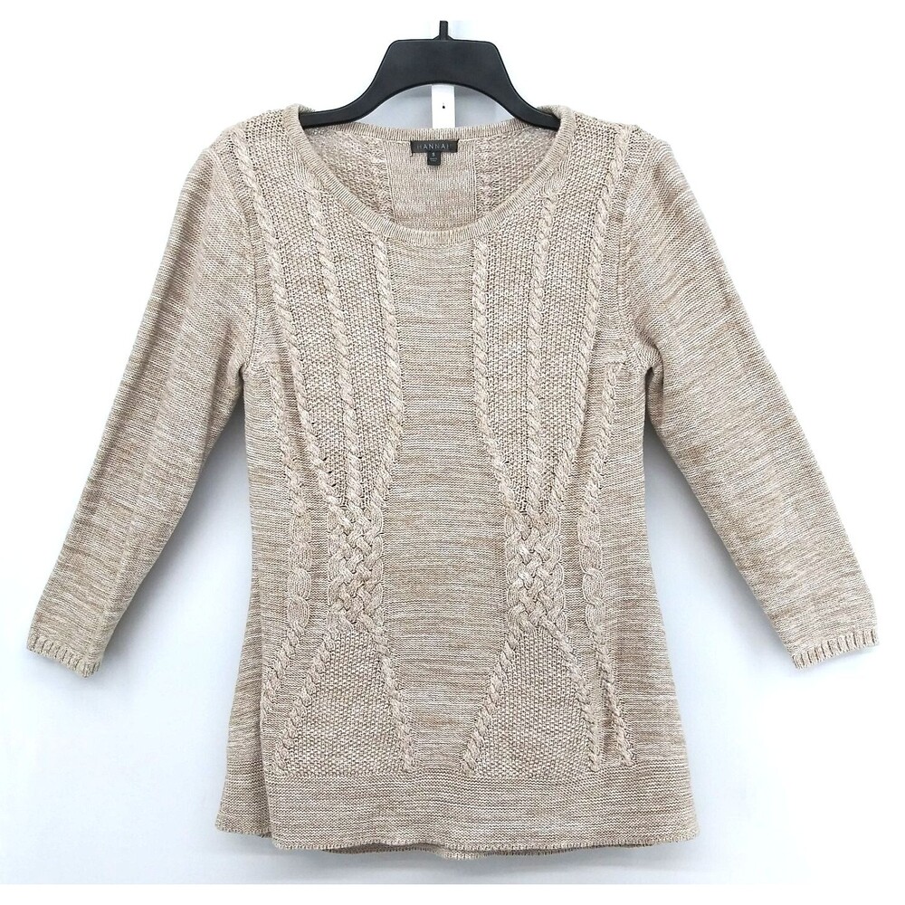 Hannah Sweater Women Size S Beige 3/4 Sleeve Round Neck Cable Knit Pullover Top